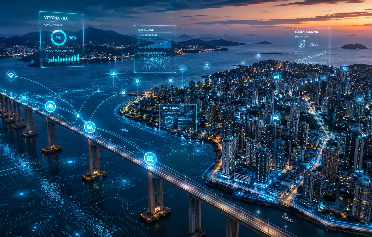Vista aérea noturna de Vitória e da Terceira Ponte, com uma composição gráfica sobreposta simulando painéis de dados de conectividade, mobilidade, segurança e sustentabilidade